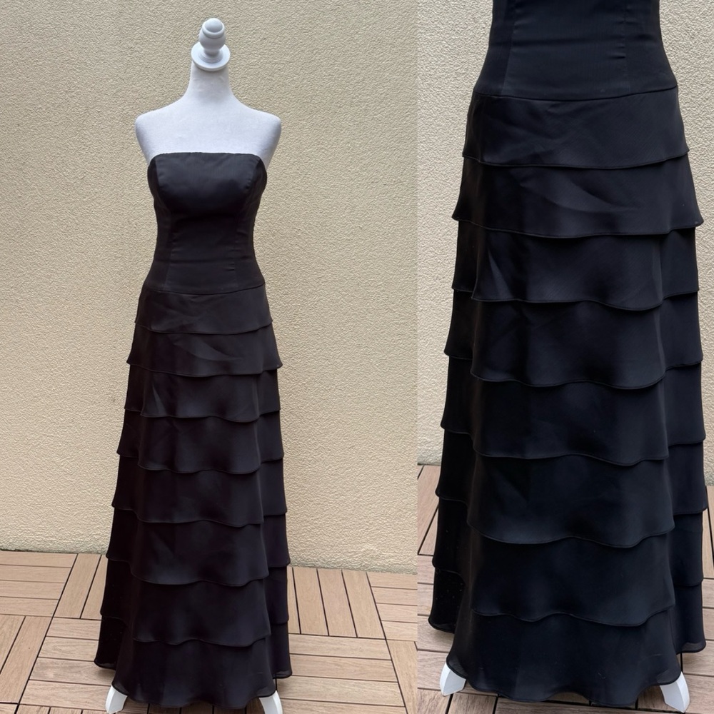 Lazaro black strapless ruffles maxi dress
